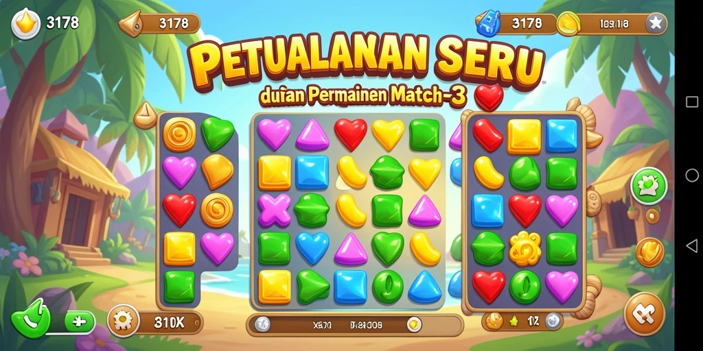 Tampilan gameplay seru di 3178 dengan elemen match-3 yang colorful.