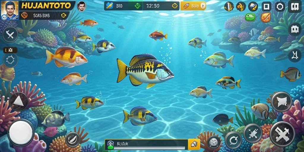 Tampilan gameplay seru di HUJANTOTO dengan banyak ikan yang bisa ditangkap.