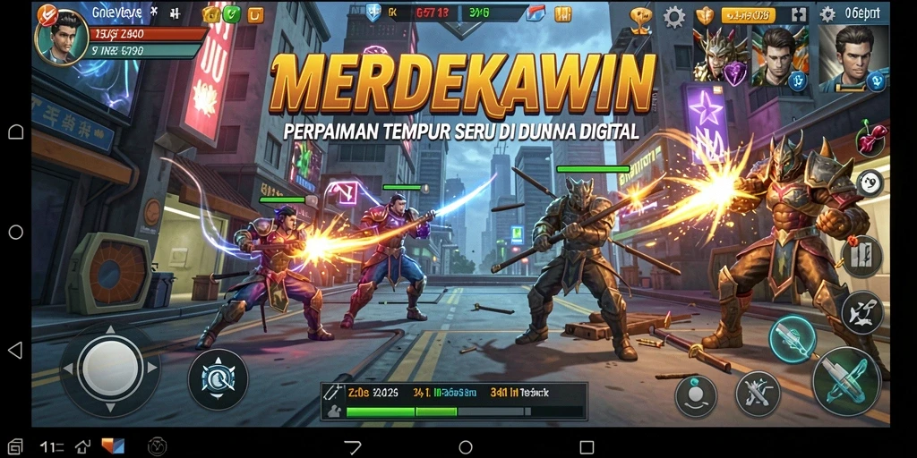 Tampilan gameplay mendebarkan dalam <strong>MERDEKAWIN</strong> dengan aksi tembak-menembak.