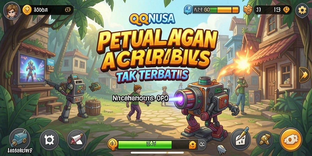 Screenshot menunjukkan karakter melompat melalui rintangan dalam QQNUSA.