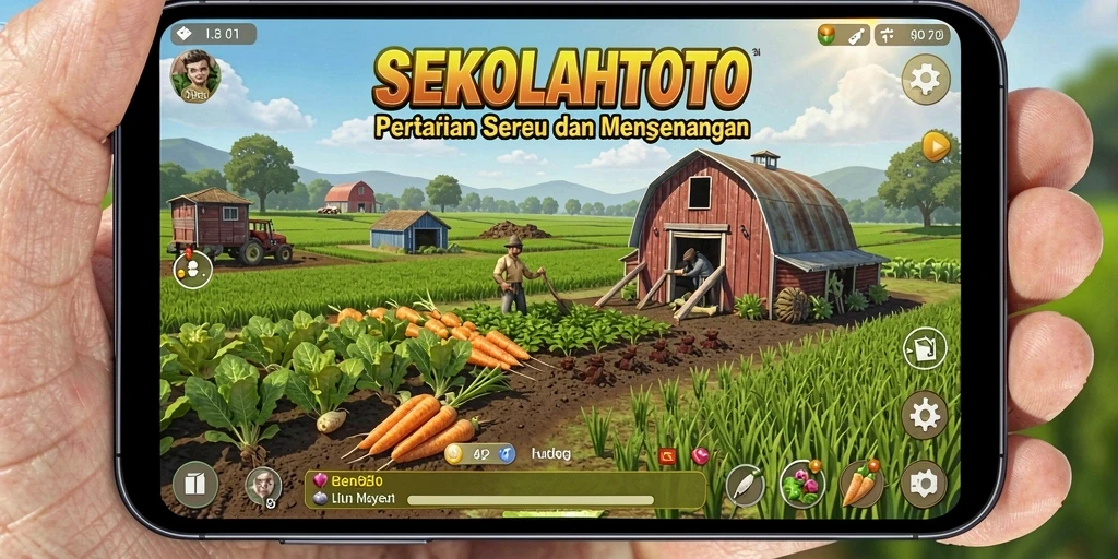 Screenshot menunjukkan gameplay seru dalam SEKOLAHTOTO, menampilkan proses bertani yang menarik.