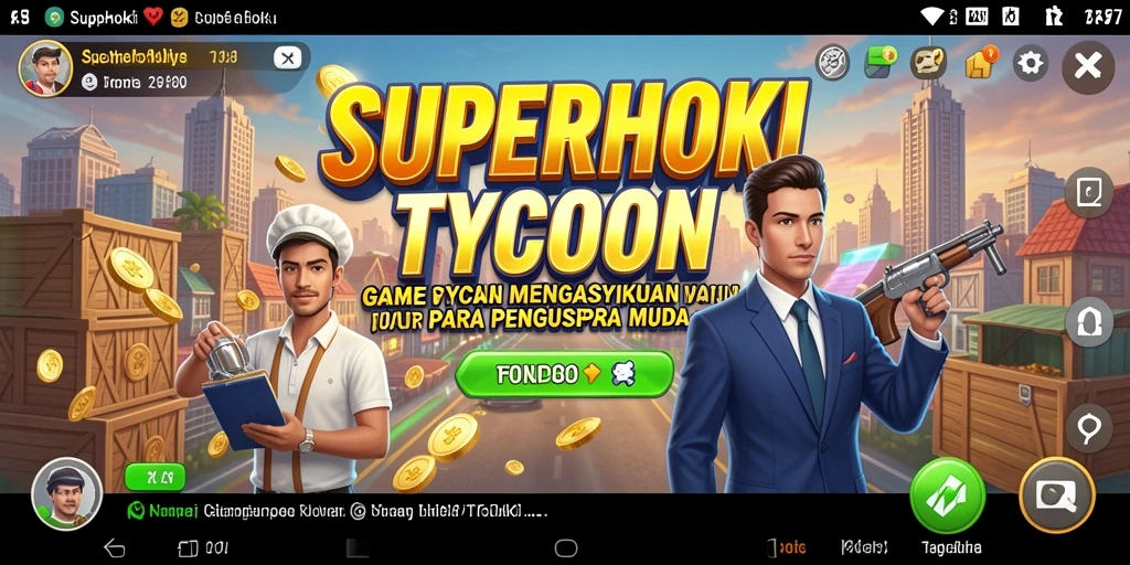 Tampilan gameplay <strong>SUPERHOKI</strong> yang menampilkan inovasi dalam bisnis.